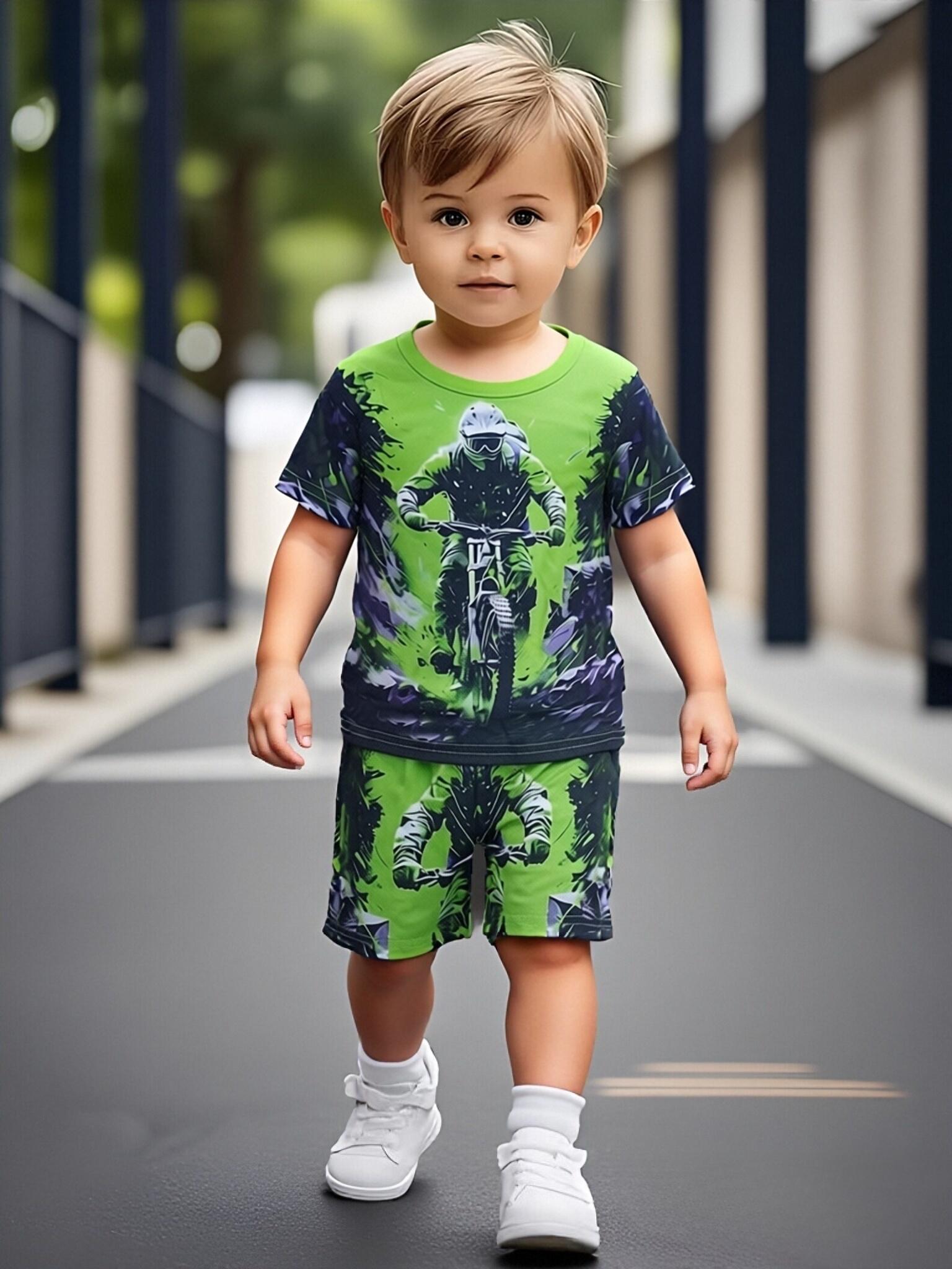 

Toddler Boys Cool Mountain Biker Print 2-Piece Outfit, Summer Green Sporty Clothes for Kids, Perfect for Playwear & Outdoor 5-6Y зелений