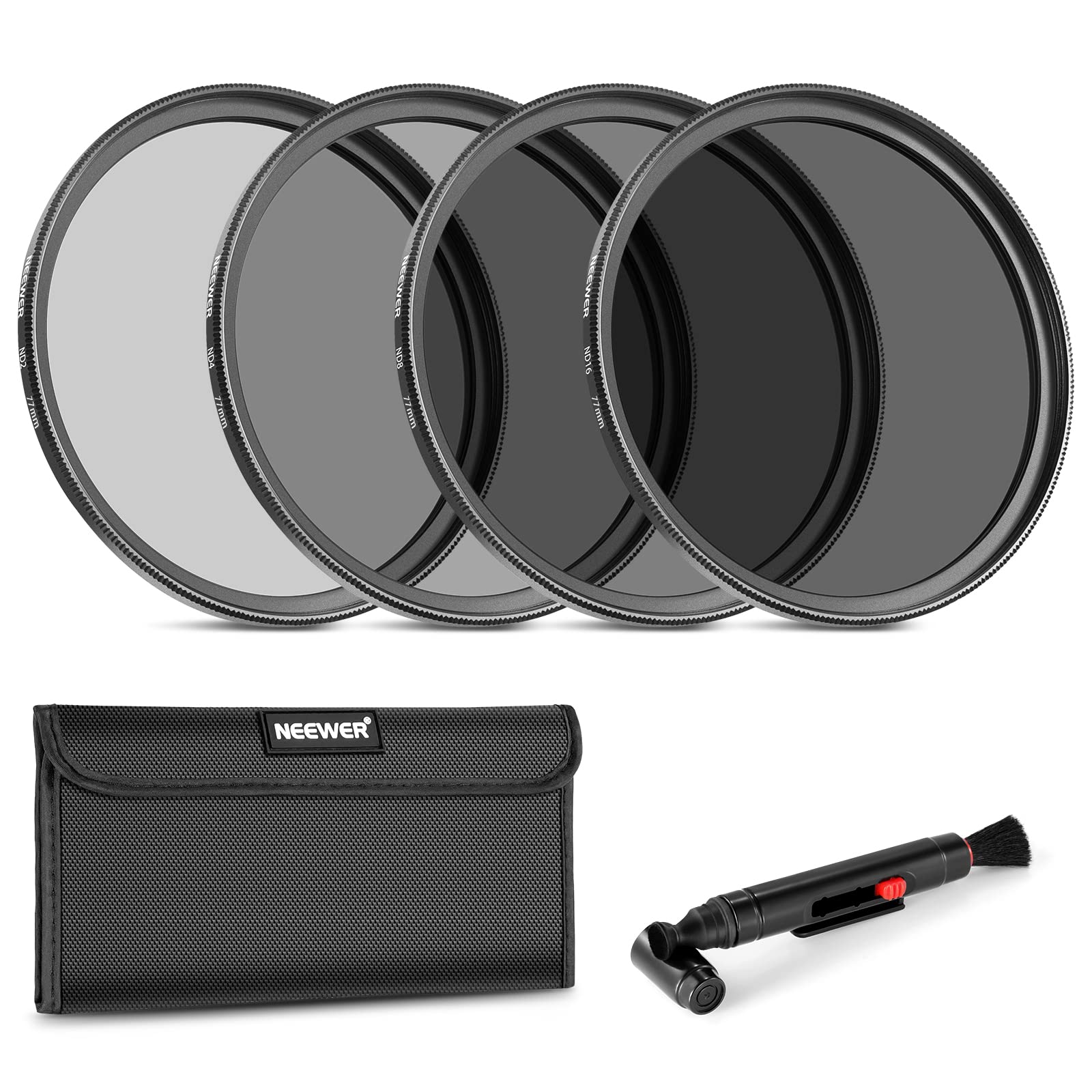 NEEWER 77mm ND Lens Filter Lens Cleaning Filter ND Filter and Accessory Kit for DSLR Cameras with 77mm Lenses Kit ND2, ND4, ND8, ND16, Pen, Pouch,