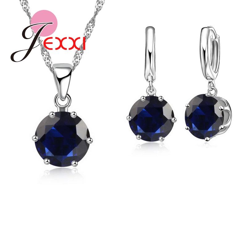 New Fashion 925 Silver Color Shiny Crystals Rhinestones Stones Woman Earring Necklace Jewelry Set 16 Colors