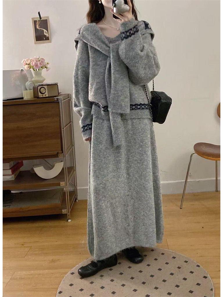 Korean Style V-Neck Jacquard Sweater & Knit Skirt Set - Plus Size, Loose Fit