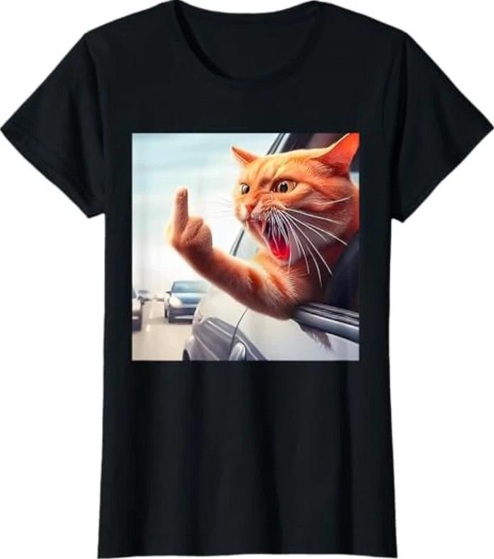 Funny Cat Middle Finger Hilarious Cat in The Car Cat Lover T-Shirt 2XL