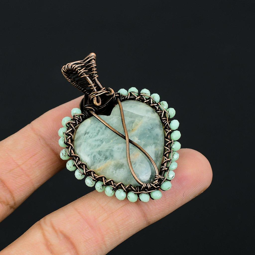 Aquamarine Gemstone Handmade Copper Wire Wrap Jewelry Lovely Heart Shape Pendant For Her