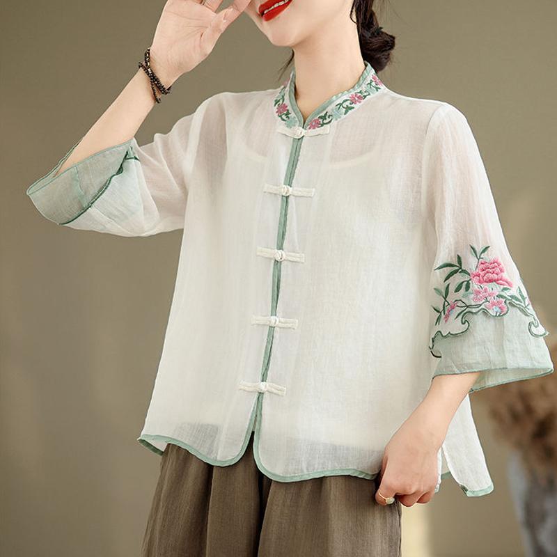 Women Flower Embroidery Vintage Button Shirt Stand Collar Loose Cotton Linen Blouse Summer 3/4 Sleeve Elegant Tops