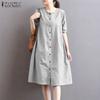 ZANZEA Women Casual Round Neck Short Sleeve Loose Stripe Dress