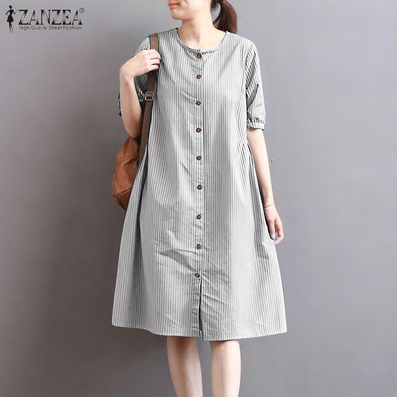 ZANZEA Women Casual Round Neck Short Sleeve Loose Stripe Dress
