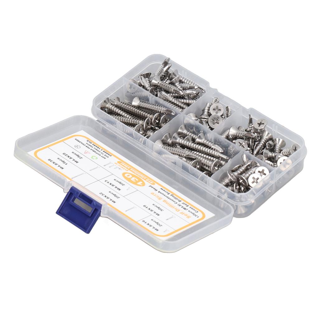 130 SZTUK Śruba Krzyżakowa z Płaskim Łbem Stal Nierdzewna M4.8 Odporne na Rdzę Wkręty Samowiercące do Włókna Szklanego