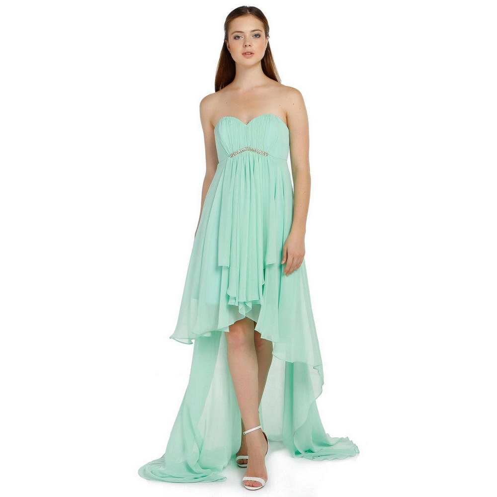 Fierte Women's Evening Dress Azr4489 Strapless Stone Detail Chiffon Skirt Salmon Yellow Green Blue Red