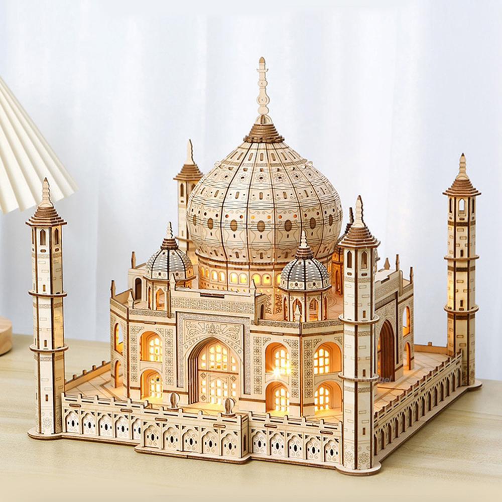3D Wooden Puzzle House Royal Castle Taj Mahal Model Kit with Light DIY Assembly Crafts Desk Decoration Gifts for Adults Kids