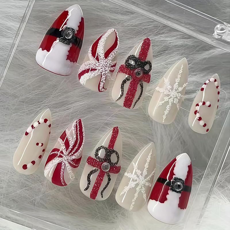 Pink French Tip Press on Nails Medium Almond Fake Nails with 3D Flower Designs Glossy Acrylic False Nails Golden Bead Artificial Glue on Nail