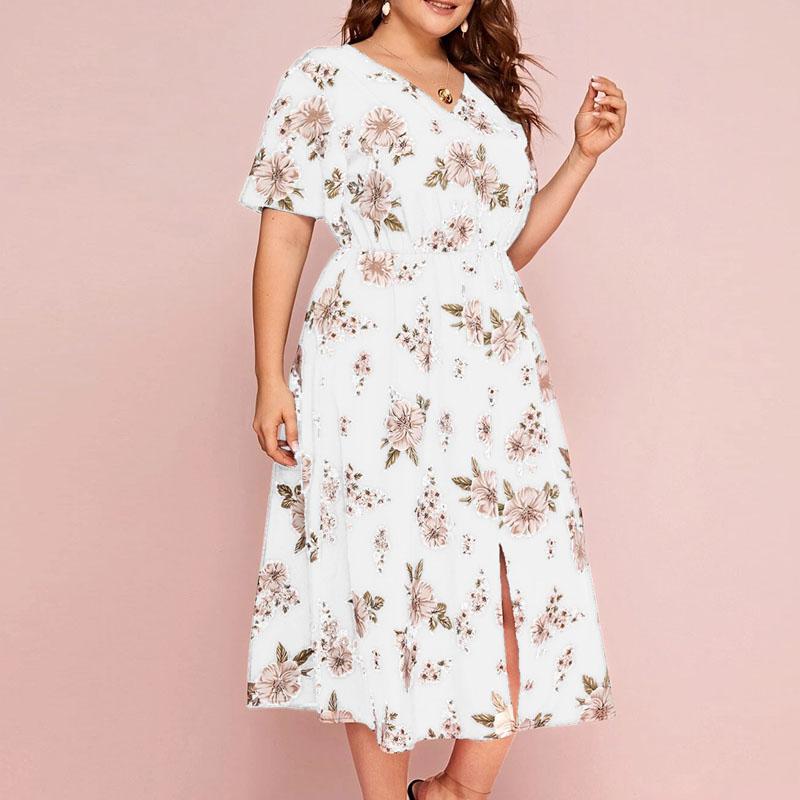 

Large size ladies flower print V-neck short-sleeved dress European and American waist loose split mid-length chiffon skirt L білий