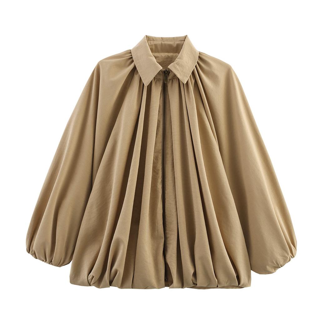 Women's Jacket Oversized Streetwear Casual Sleeve Lapel Collar Zip Front Pleated Shirts