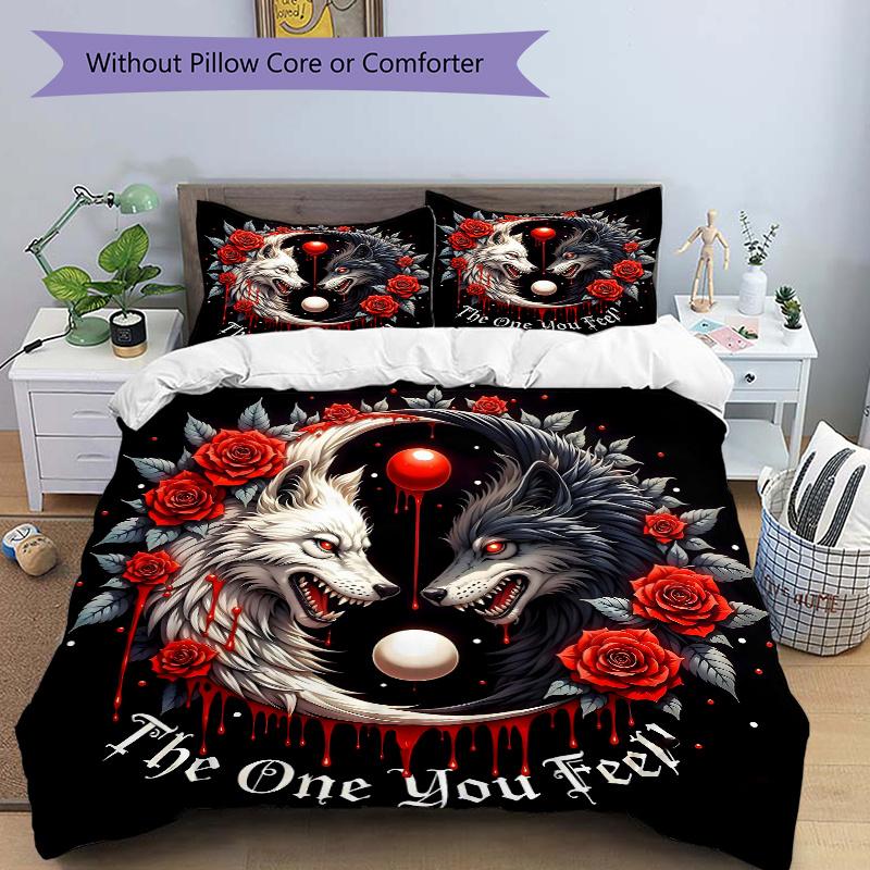 

3pcs Yin Yang Lions Pattern Bedding Set, 1* Cover + 2*Pillowcases, Printed Bedding Set, Soft and ComfortableJ102 135x200cm