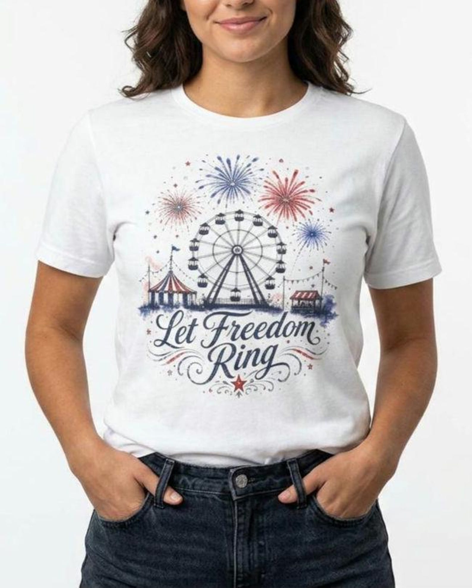 Let Freedom Ring Ferris Wheel T-Shirt | Patriotic Fireworks Tee M