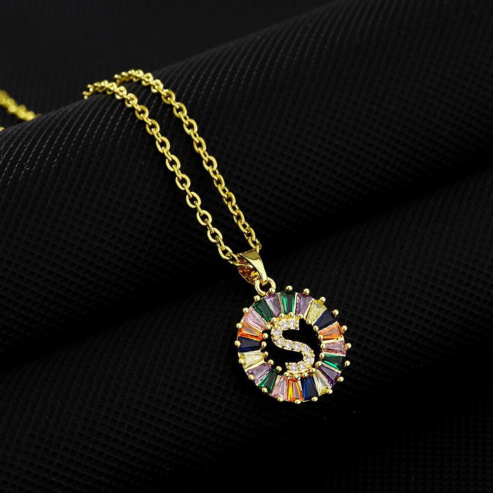 Xiyin Multicolor Zircon Copper Clavicle Chain Necklace with 26 Initial Pendants for Women