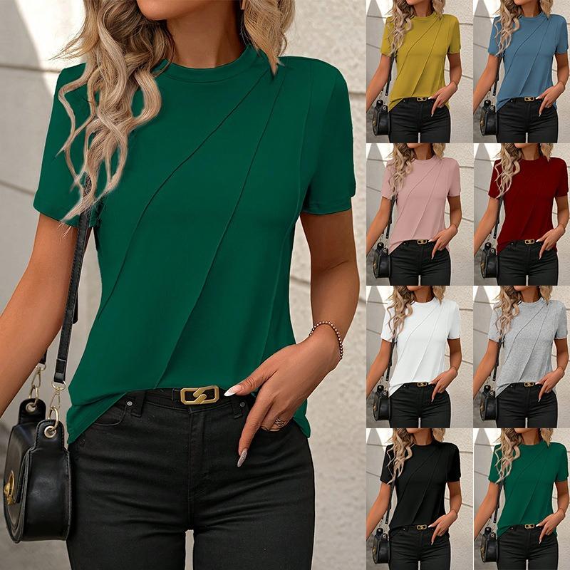 T-shirt d'été uni à col rond, manches courtes et coupe ample pour femmes