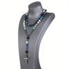 Natural Amazonite Stone Rosary Blue Apatite Black Agate Beads Necklace Hematite Cross Pendant Meditation Blessing Jewelry