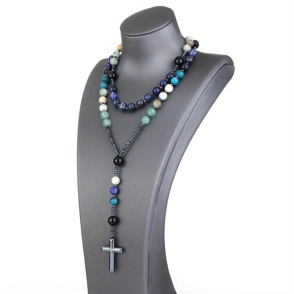 Natural Amazonite Stone Rosary Blue Apatite Black Agate Beads Necklace Hematite Cross Pendant Meditation Blessing Jewelry