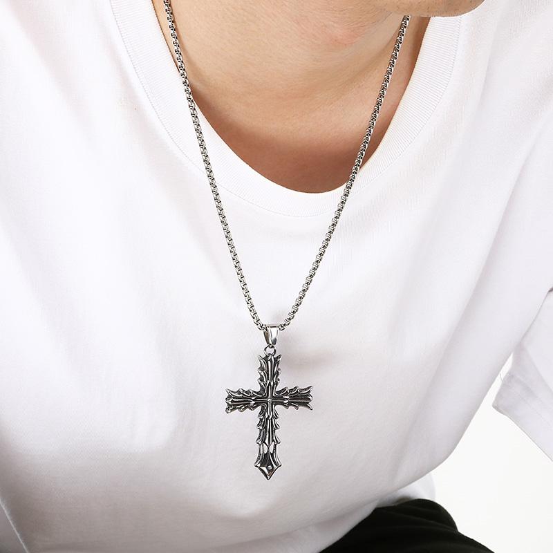 Stainless Steel Cross Pendant Necklace for Men Vintage Jesus Crucifix Carved Cross Necklaces Gothic Punk Religious Jewelry Gift