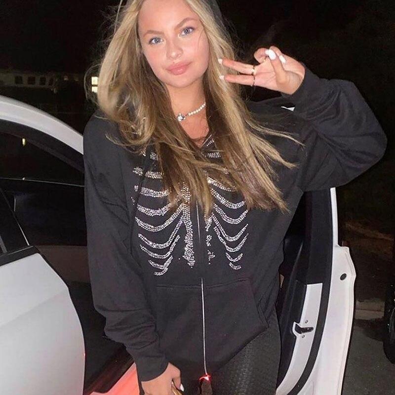 Y2K Rhinestone Hoodies Women Gothic Black Zip Up Oversized Sweatshirts Female Retro Harajuku Hooded Jacket Streetwear