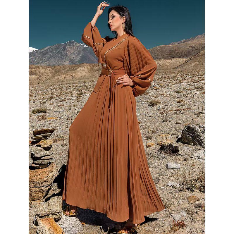 Middle East New V-neck Long Sleeve Pleated Skirt Heavy Industry Handmade Beaded Dress Handmade Beaded Dress