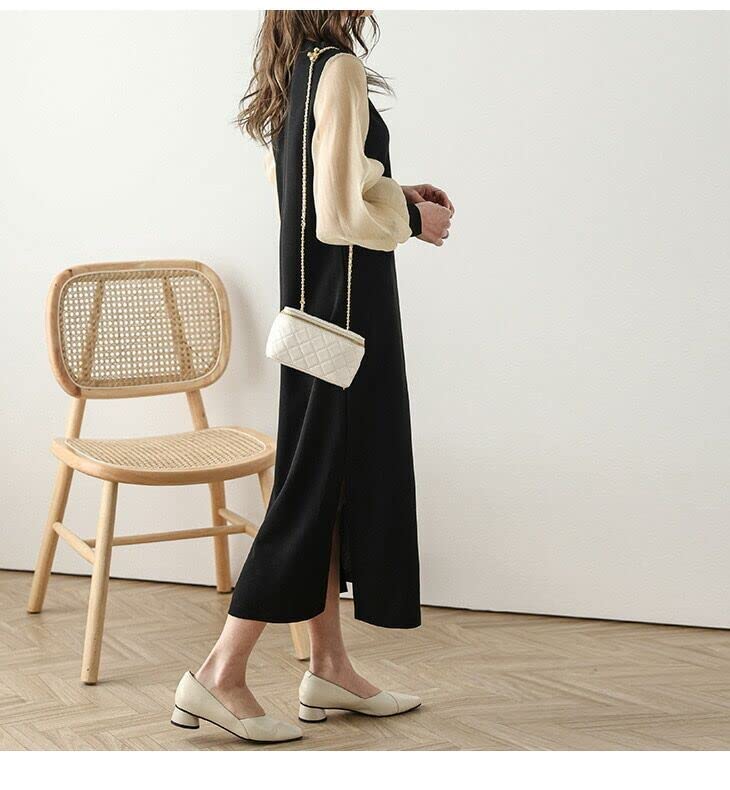 KKAERDIYA Chiffon Sleeve Slit Long Dress, Sheer, Neck, Sleeves, Women's, Spring/Summer (Size L, Beige)