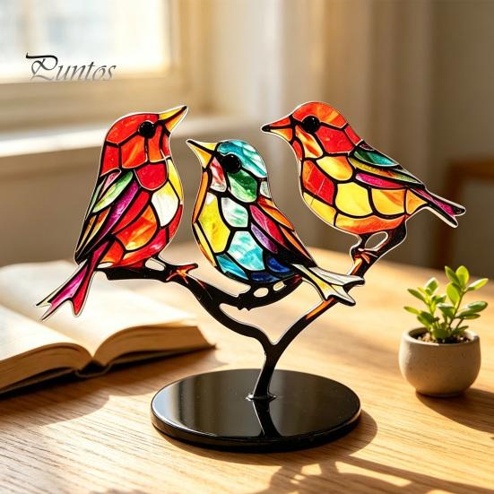 Fine Craftsmanship Bird Statues for Office Acrylic Birds on Branch Desktop Ornament, Colorful Stained Glass Style Nature Themed Gifts Lovers Figurine,