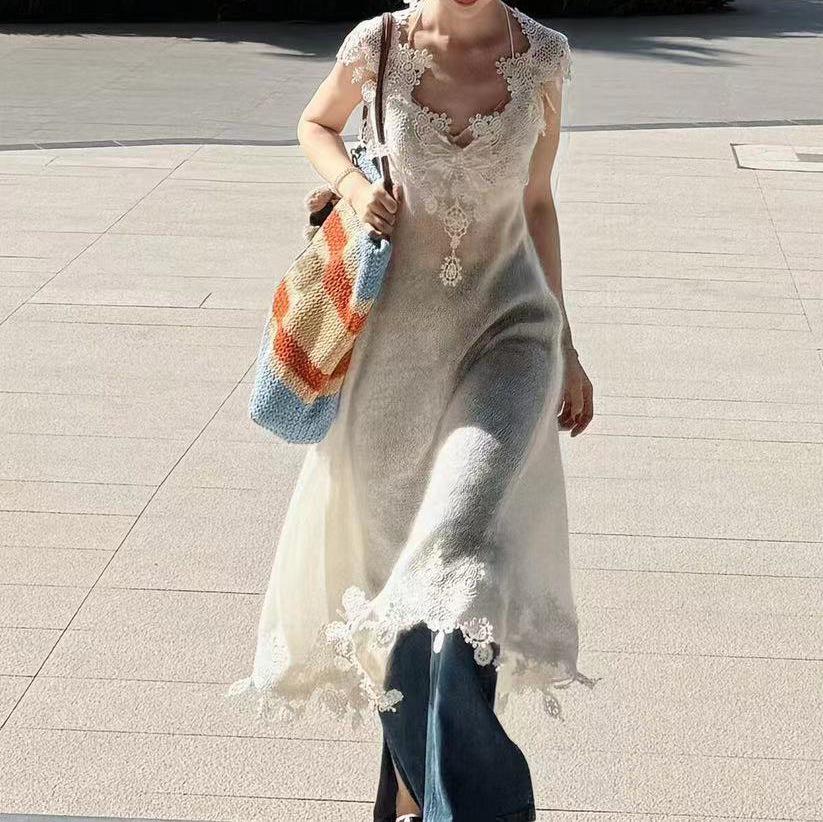 Urban Wave Beige Mohair V-Neck Lace Camisole Dress - Spring Collection