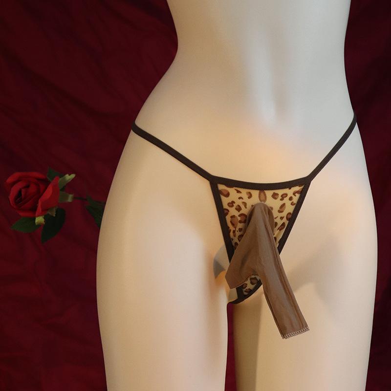 Large Size Sissy Pouch Panties Men Sexy Leopard Mini Thong Mesh Sheer Bikini Bullet Separation Penis Sleeve Lingerie G-String