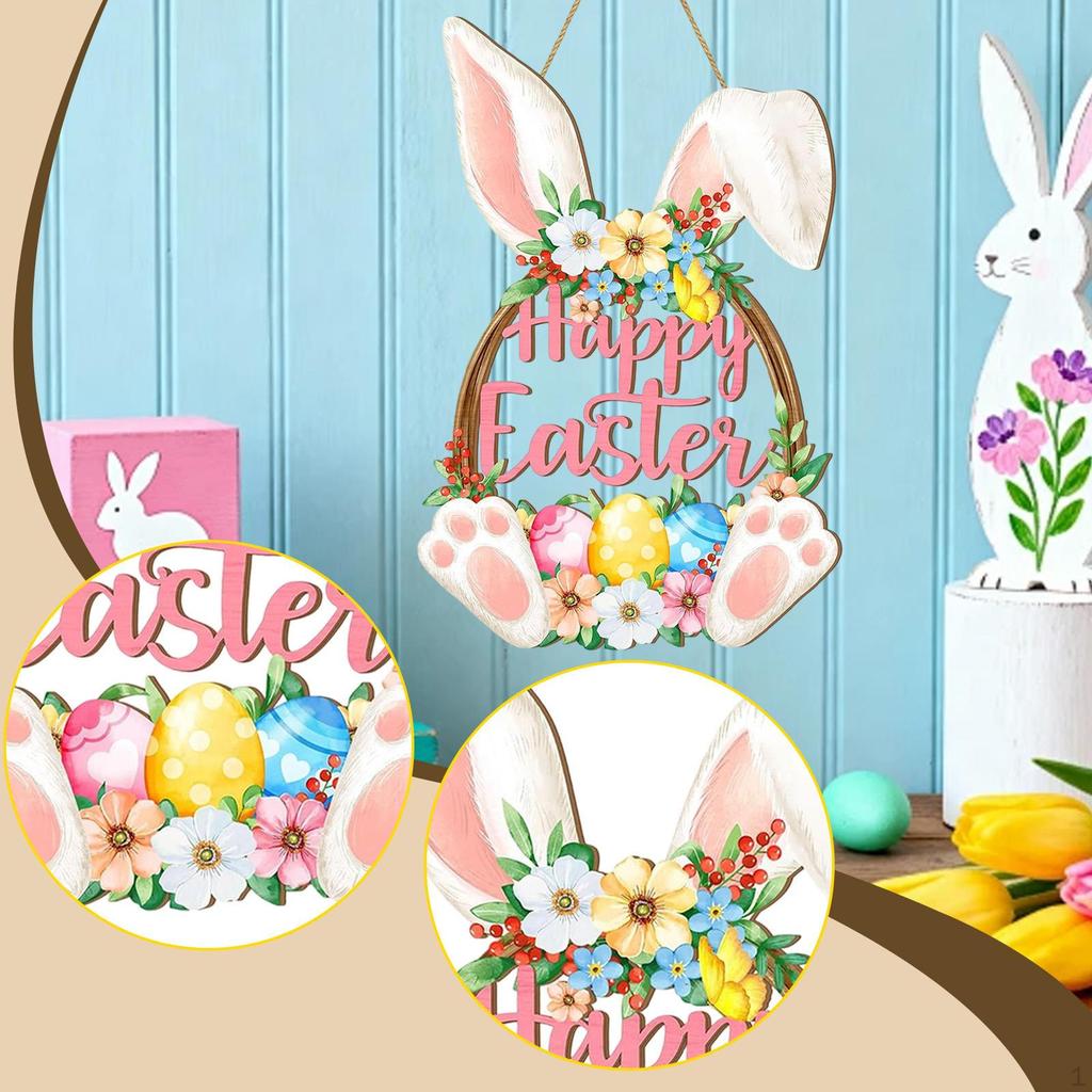 Easter Bunny Door Sign Hanger Wall Art Decor Floral Spring Eggs Hanging Plaque for