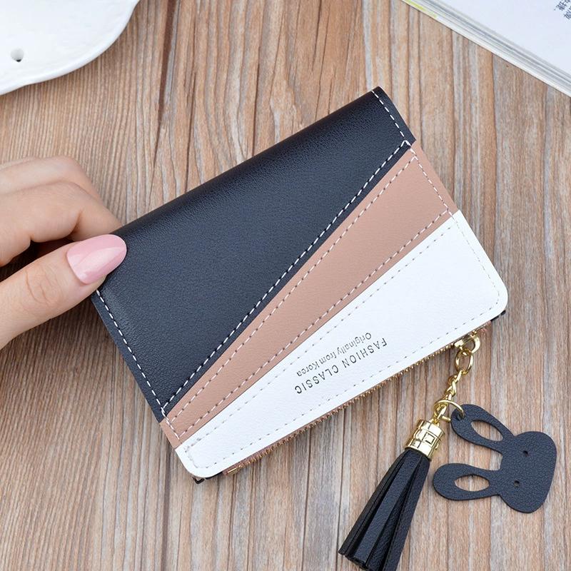 Tassel Women Wallet Patchwork Design Small Zipper Coin Purse Decoration Money Bag Simple Card Holder Contrast Color PU Leather