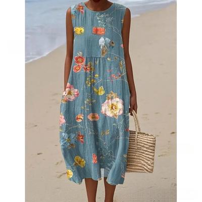 European and American New Summer Flower Ocean Printing European Size Round Neck Sleeveless Long Dress Creative Loose Dress