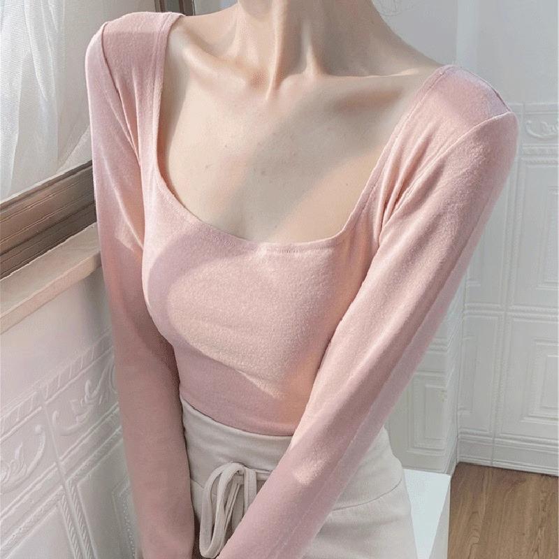 Square collar leaking collarbone pink top, spring polished inner long-sleeved slim-fitting and thin, pure desire versatile bottoming shirt
