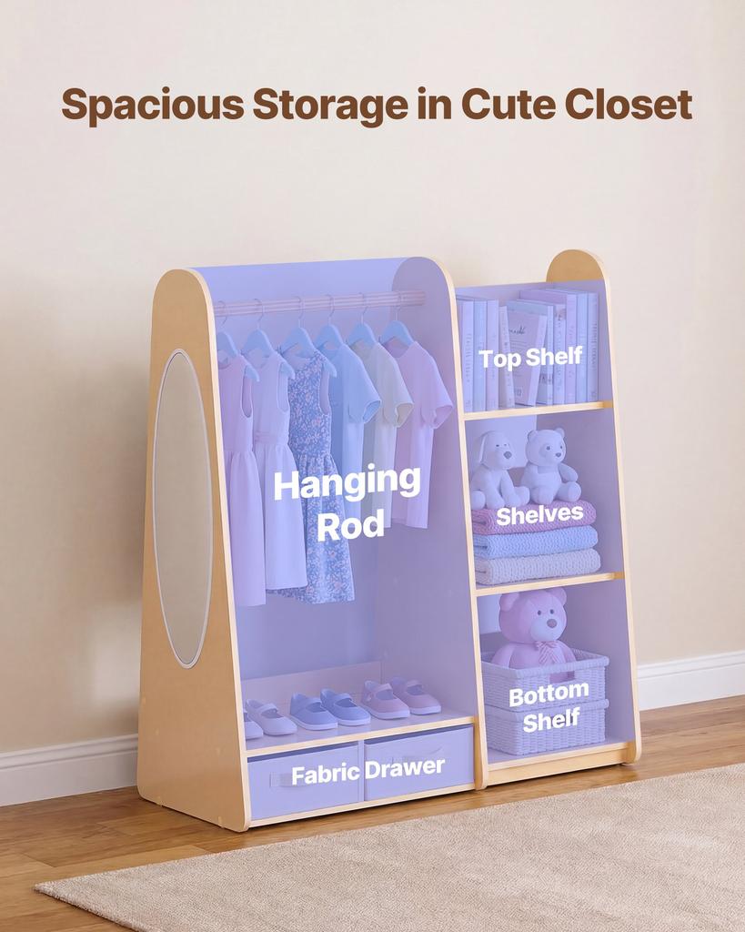 VEVOR Kids Dress Up Storage, with Mirror, Dress Up Closet, Toddler Wardrobe Closet for Little Girls, Armoire with Shelves & Bottom Tray