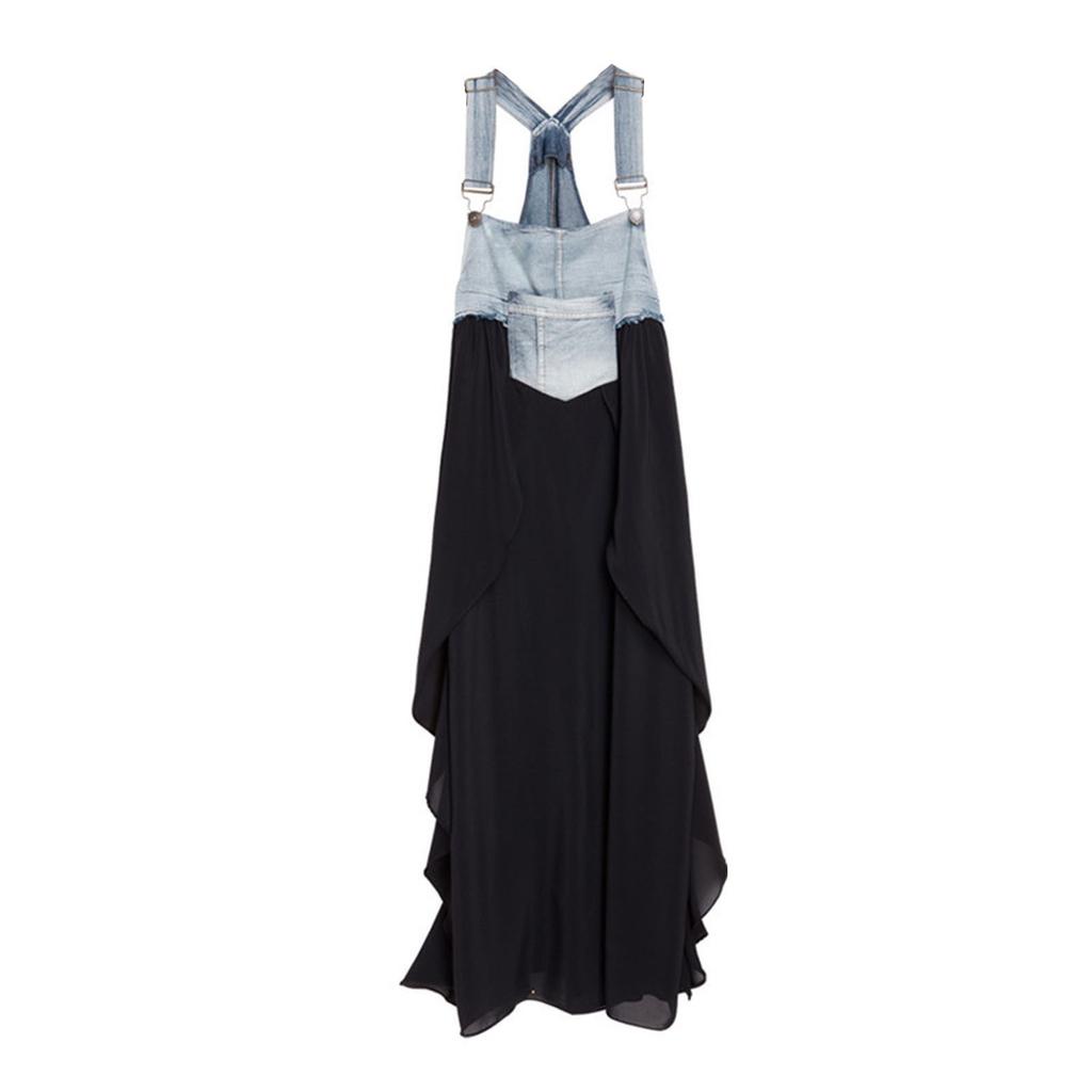 Women Summer Sleevele Strap Denim Dress Denim Chiffon Stitching Long Dress