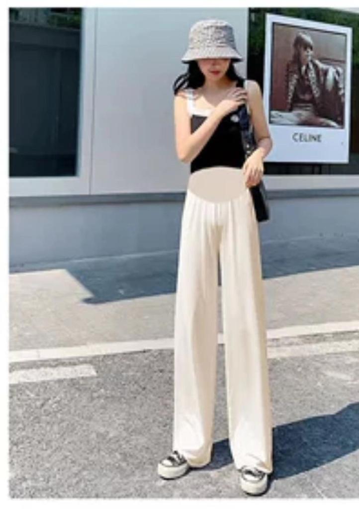 Cool Ice Silk Wide-Leg Pleated Maternity Crop Pants