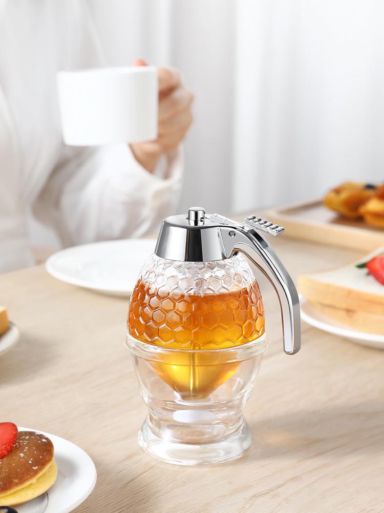 Innowacyjny Hermetyczny Szklany Dozownik Miodu i Syropu z Lejkiem i Podstawką