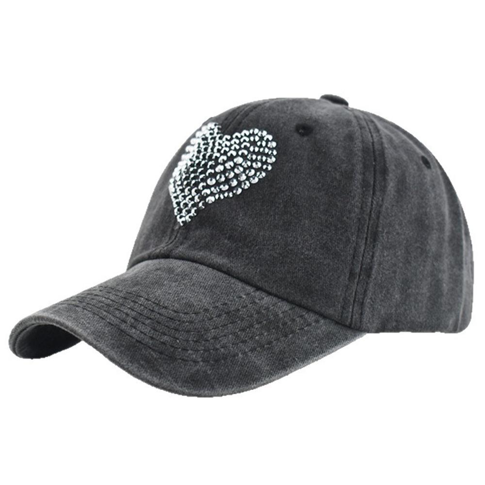 Heart Shaped Rhinestones Baseball Cap Washed and Distressed All-season Soft-top Peaked Cap Hats for Unsex Outdoor Sun Hats