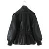 New British Style Elastic Waist Leather Jacket for Women