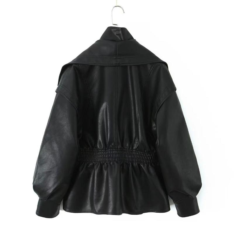 New British Style Elastic Waist Leather Jacket for Women