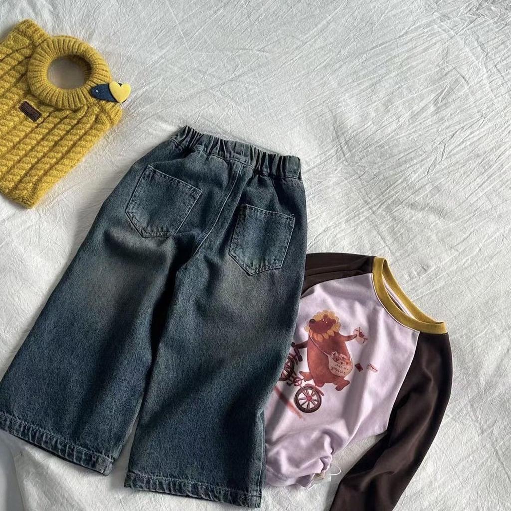 Korean-Style Children's Woolen Wide Leg Jeans with Butt Flap - Autumn 2025
