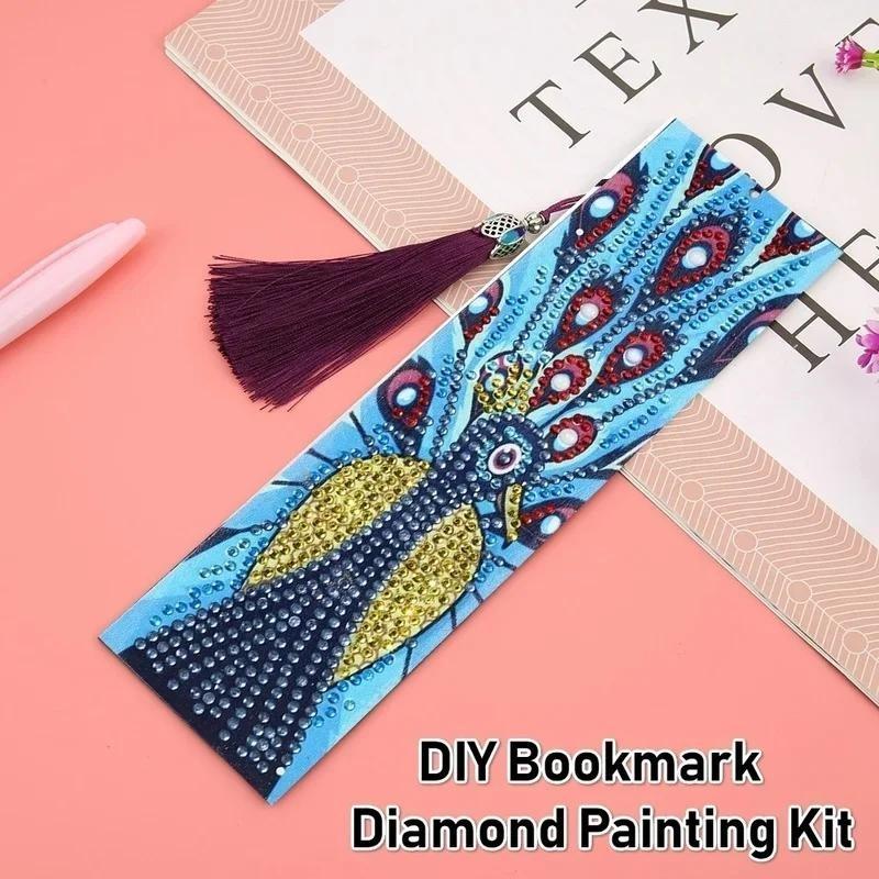 New DIY Point Bookmark Peacock Shaped Diamond Painting Leather Tassel for Girl Gift Cute Stationery School Supplies