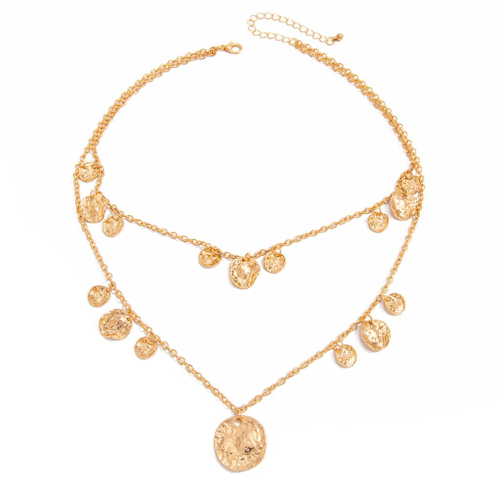 Hip-Hop Pleated Disc Pendant Necklace, Design Metal Chain Stacked Collarbone Chain Necklace