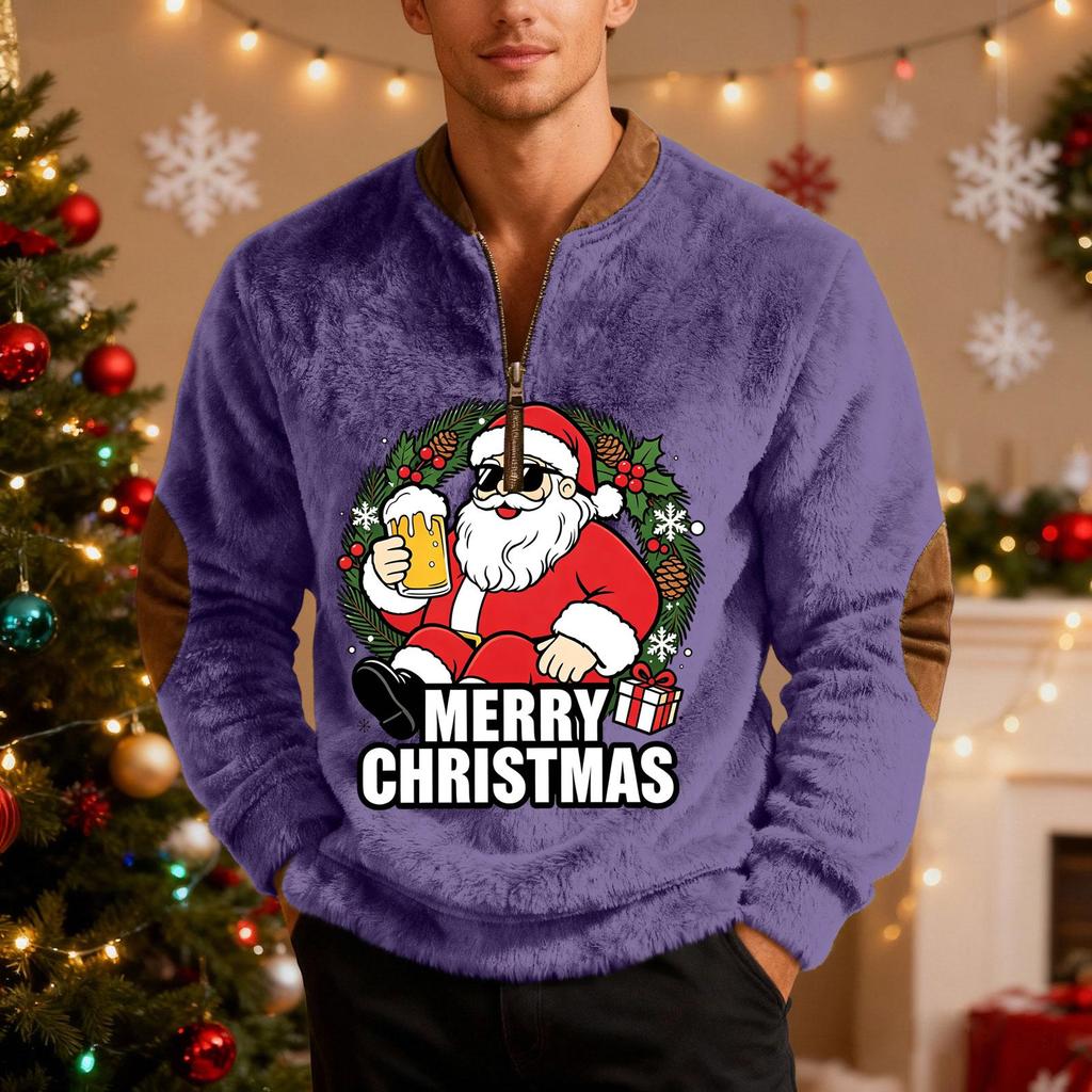 Men's Casual Christmas Print Zip-Up Sweatshirt for Holiday Parties and Everyday Wear