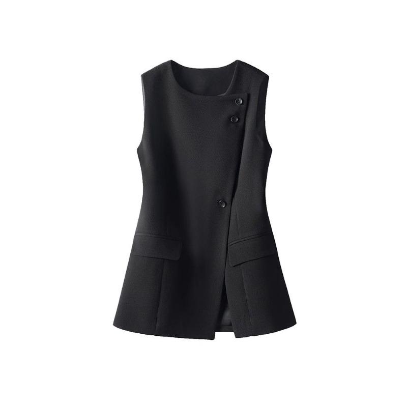 Vestă Neagră Slim Fit Femei Asimetrică Elegantă cu Căptușeală Modă de Primăvară