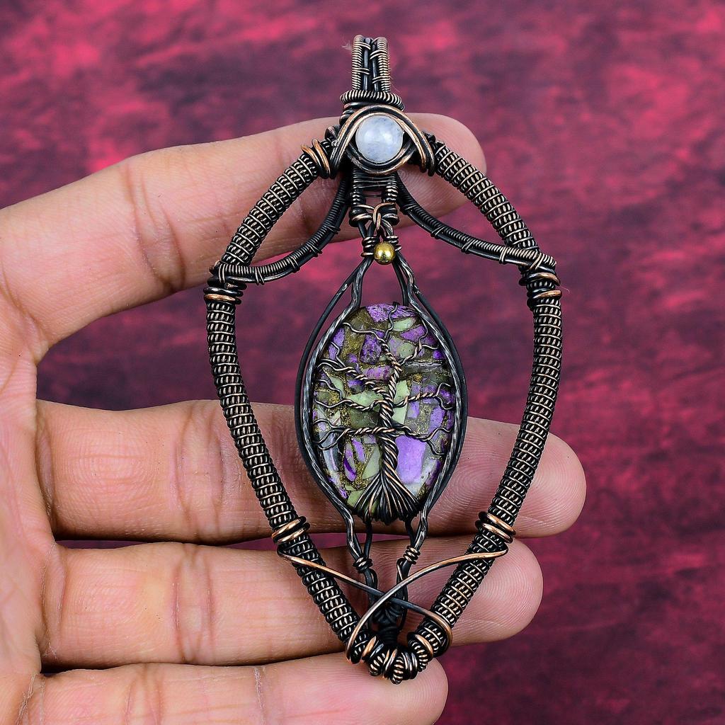 Tree Of Life Copper Stichtite Gemstone Pendant Rainbow Moonstone Pendant Copper Wire Wrapped Pendant