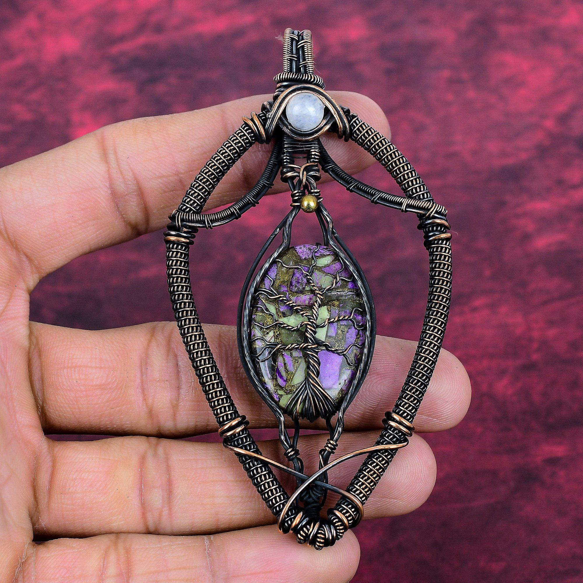 Tree Of Life Copper Stichtite Gemstone Pendant Rainbow Moonstone Pendant Copper Wire Wrapped Pendant