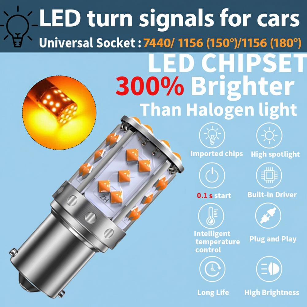 2pcs 7440/ 1156 150°/1156 180° LED Bulbs For Cars Turn Signal Lights Orange Amber Brake Light, Daytime Running Light
