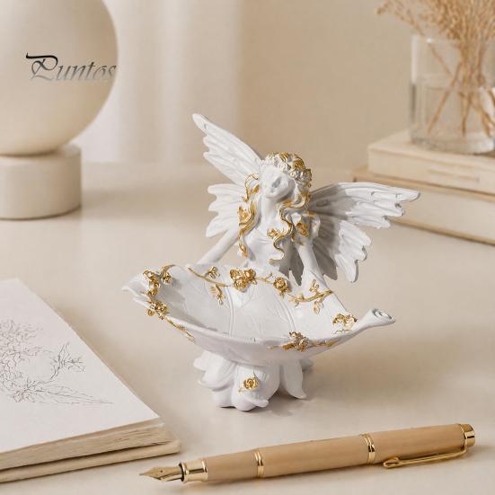 Small Angel Figurine Resin Figurine, Half Body Winged Fairy Sculpture with Gold Trim, Matte Warm White Decor Desk for Bedroom Shelf Gift Women