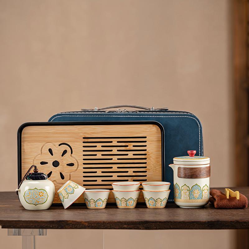 The Whole Set of Tea Sets Is Portable, Kung Fu Ru Kiln Ancient Rhyme Set, with Tea Tray, Outdoor Ceramic Express Cup, Company Business Gifts
