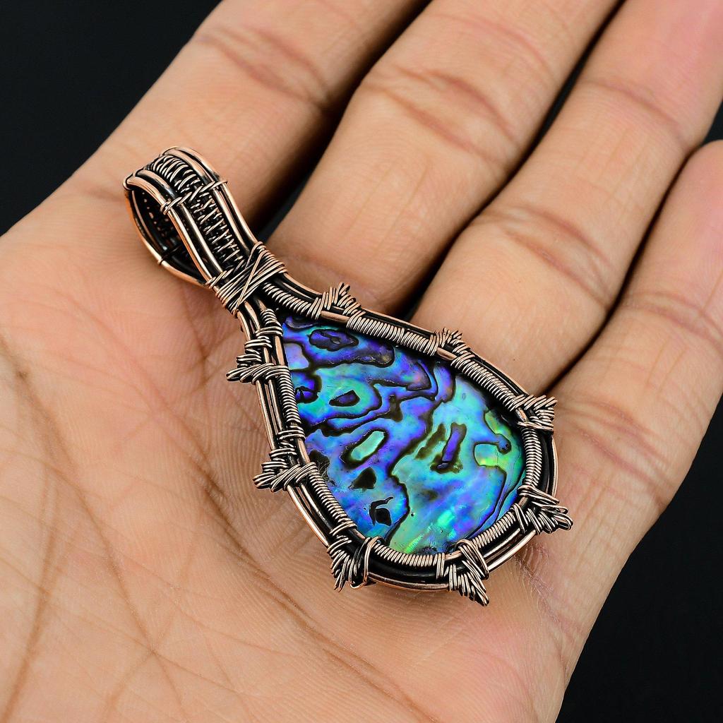 Abalone Shell 999 Copper Wire Wrapped Pendant, Handmade Gemstone Pendant Jewelry, Gifts For Wife Brand New Pendant